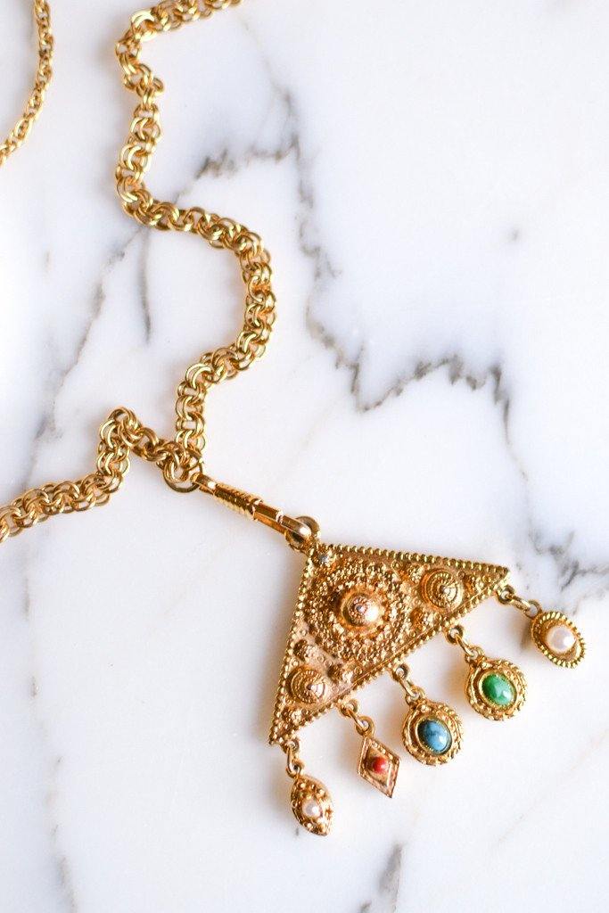 Goldette Etruscan Charm Statement Necklace by Goldette - Vintage Meet Modern Vintage Jewelry - Chicago, Illinois - #oldhollywoodglamour #vintagemeetmodern #designervintage #jewelrybox #antiquejewelry #vintagejewelry