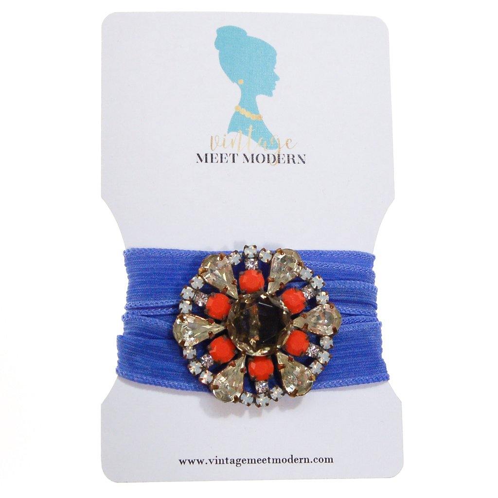 Blue Ribbon Wrap Bracelet with Diamante, Coral, and Smokey Topaz Czech Rhinestone Button
