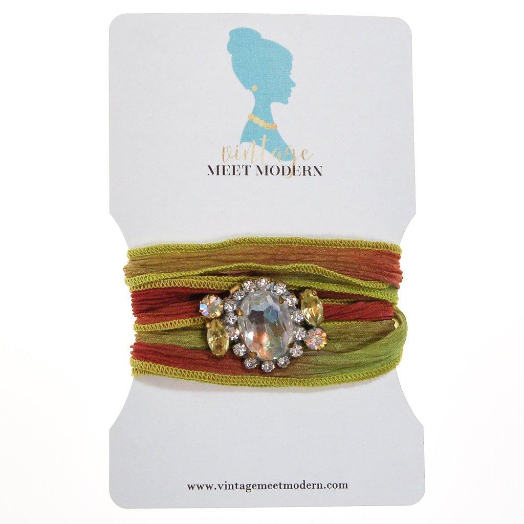Green and Red Ribbon Wrap Bracelet with Aurora Borealis and Diamante Rhinestone Button