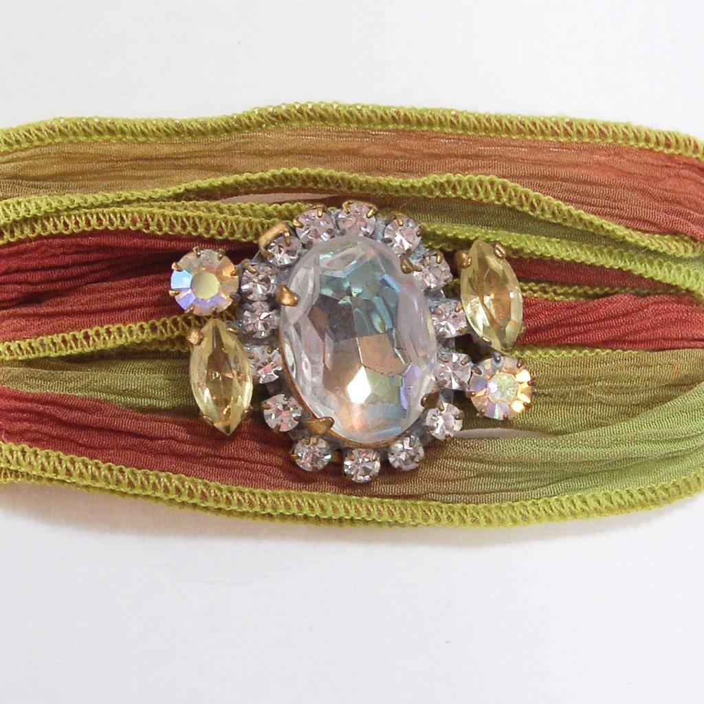 Green and Red Ribbon Wrap Bracelet with Aurora Borealis and Diamante Rhinestone Button by Vintage Meet Modern - Vintage Meet Modern Vintage Jewelry - Chicago, Illinois - #oldhollywoodglamour #vintagemeetmodern #designervintage #jewelrybox #antiquejewelry #vintagejewelry