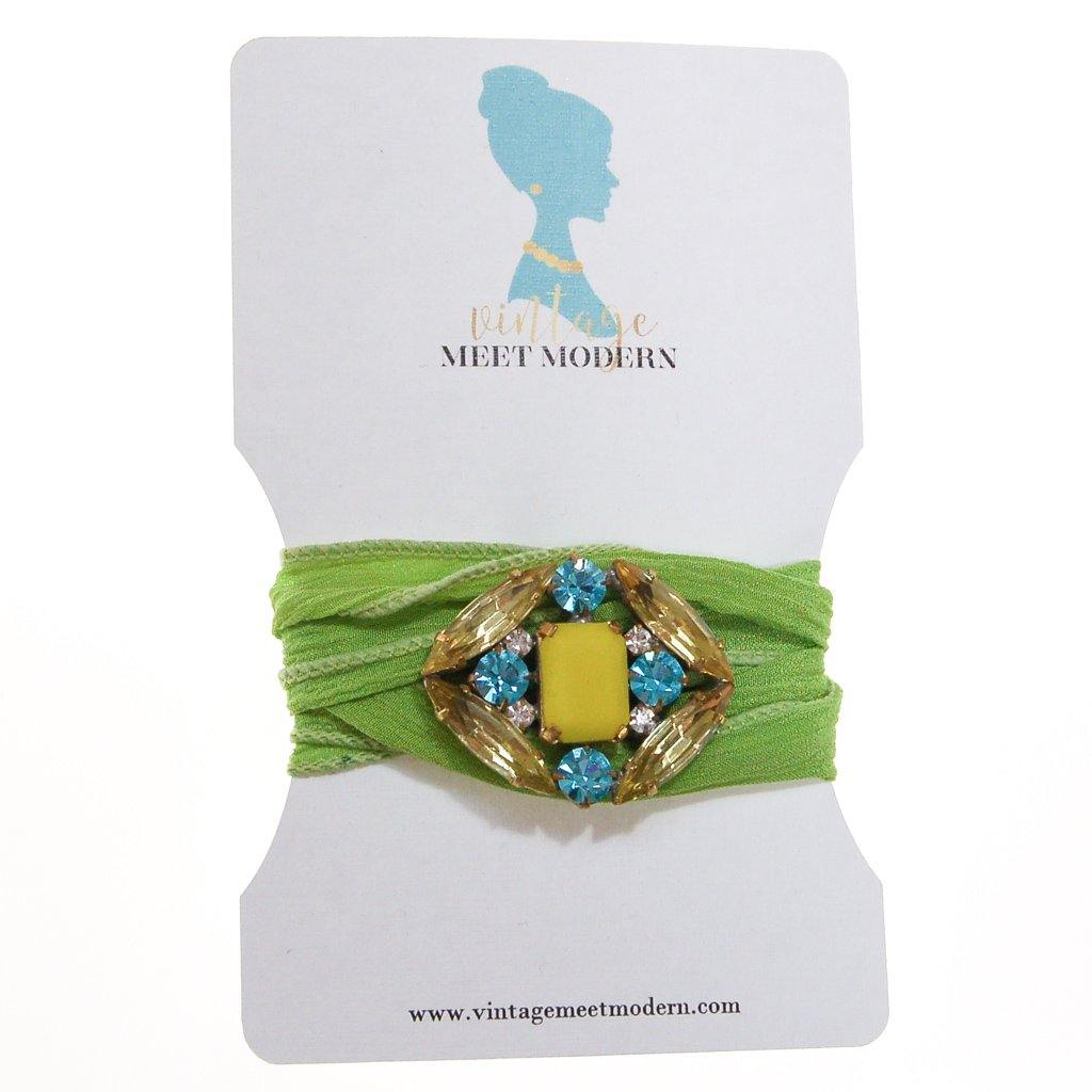 Lime Green Ribbon Wrap Bracelet with Blue, Yellow Diamante Rhinestone Button