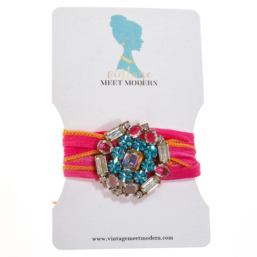 Pink Ribbon Wrap Bracelet with Blue and Diamante Rhinestone Button by Vintage Meet Modern - Vintage Meet Modern Vintage Jewelry - Chicago, Illinois - #oldhollywoodglamour #vintagemeetmodern #designervintage #jewelrybox #antiquejewelry #vintagejewelry