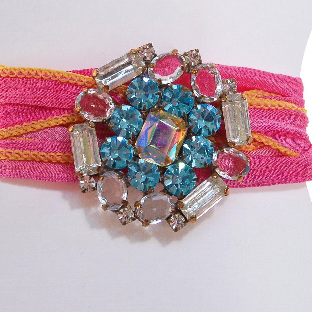 Pink Ribbon Wrap Bracelet with Blue and Diamante Rhinestone Button by Vintage Meet Modern - Vintage Meet Modern Vintage Jewelry - Chicago, Illinois - #oldhollywoodglamour #vintagemeetmodern #designervintage #jewelrybox #antiquejewelry #vintagejewelry