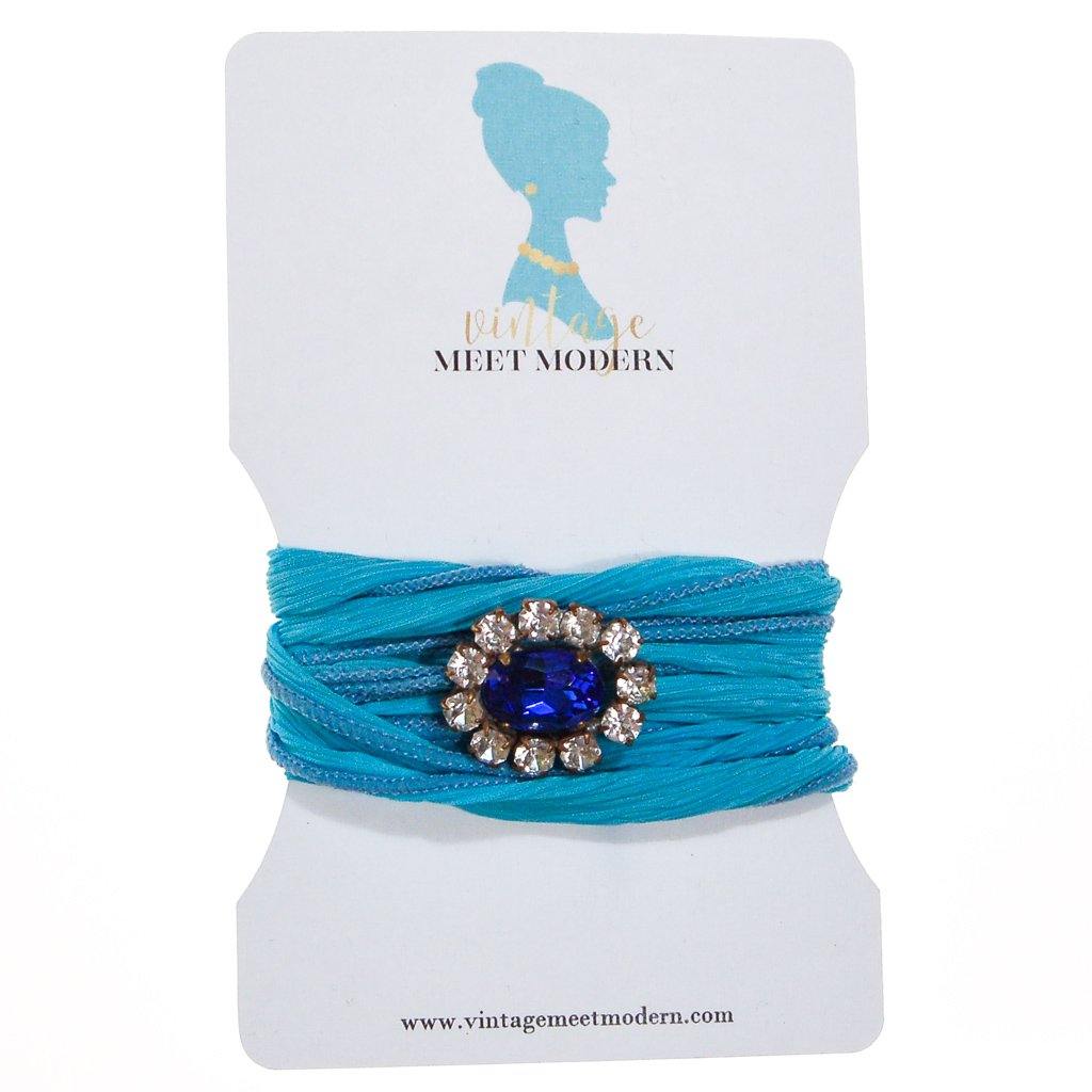 Turquoise Ribbon Wrap Bracelet with Sapphire Blue and Diamante Rhinestone Button