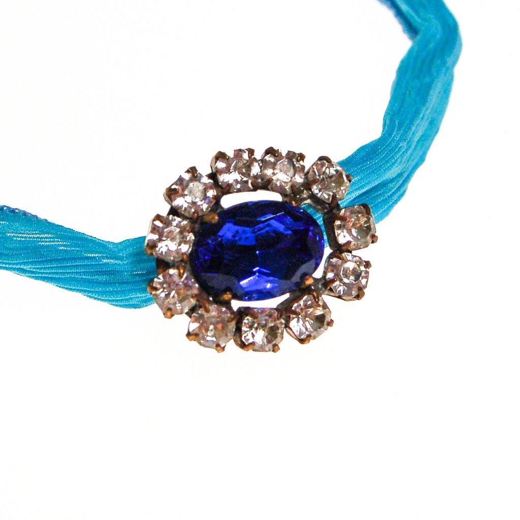 Turquoise Ribbon Wrap Bracelet with Sapphire Blue and Diamante Rhinestone Button by Vintage Meet Modern - Vintage Meet Modern Vintage Jewelry - Chicago, Illinois - #oldhollywoodglamour #vintagemeetmodern #designervintage #jewelrybox #antiquejewelry #vintagejewelry