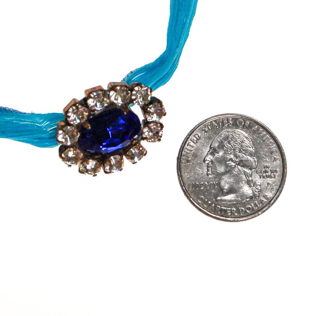 Turquoise Ribbon Wrap Bracelet with Sapphire Blue and Diamante Rhinestone Button by Vintage Meet Modern - Vintage Meet Modern Vintage Jewelry - Chicago, Illinois - #oldhollywoodglamour #vintagemeetmodern #designervintage #jewelrybox #antiquejewelry #vintagejewelry