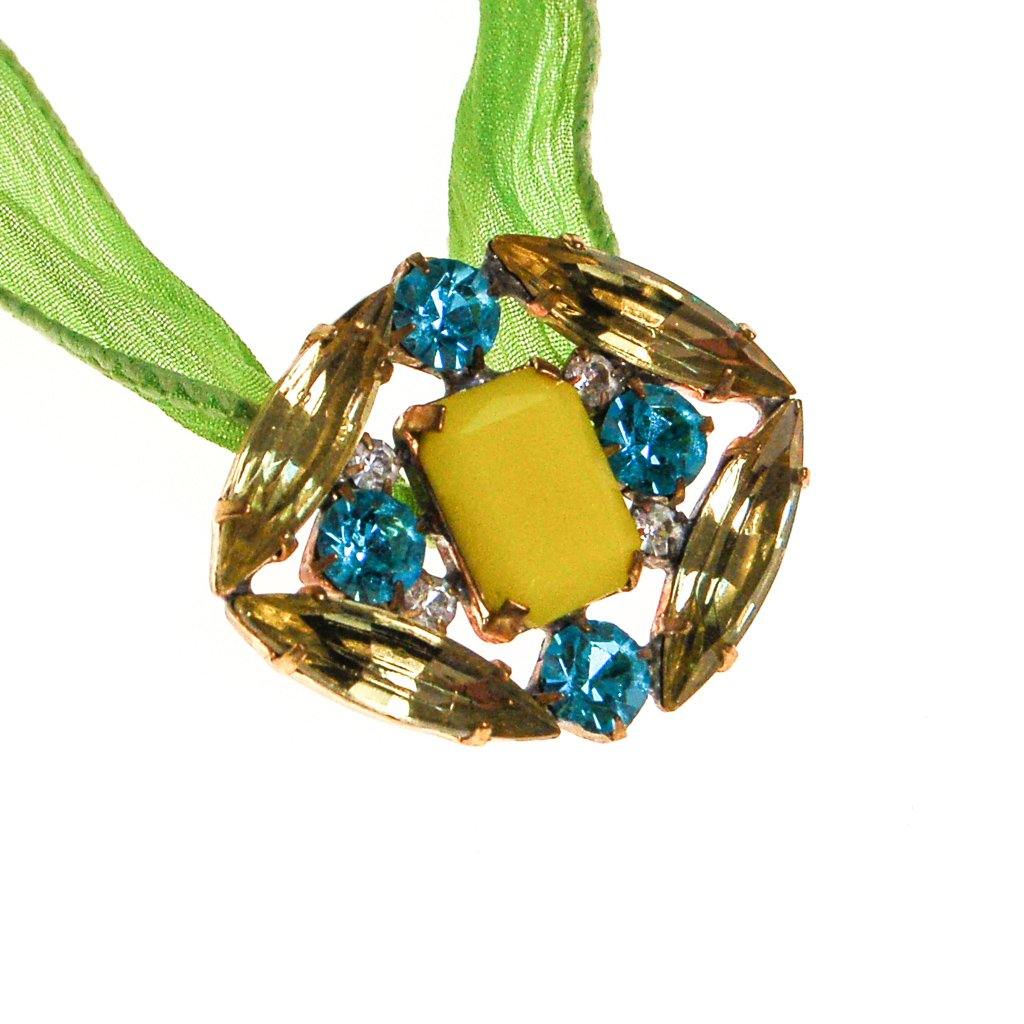 Lime Green Ribbon Wrap Bracelet with Blue, Yellow Diamante Rhinestone Button by Vintage Meet Modern - Vintage Meet Modern Vintage Jewelry - Chicago, Illinois - #oldhollywoodglamour #vintagemeetmodern #designervintage #jewelrybox #antiquejewelry #vintagejewelry