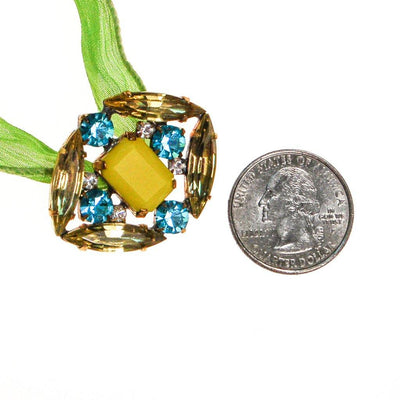 Lime Green Ribbon Wrap Bracelet with Blue, Yellow Diamante Rhinestone Button by Vintage Meet Modern - Vintage Meet Modern Vintage Jewelry - Chicago, Illinois - #oldhollywoodglamour #vintagemeetmodern #designervintage #jewelrybox #antiquejewelry #vintagejewelry