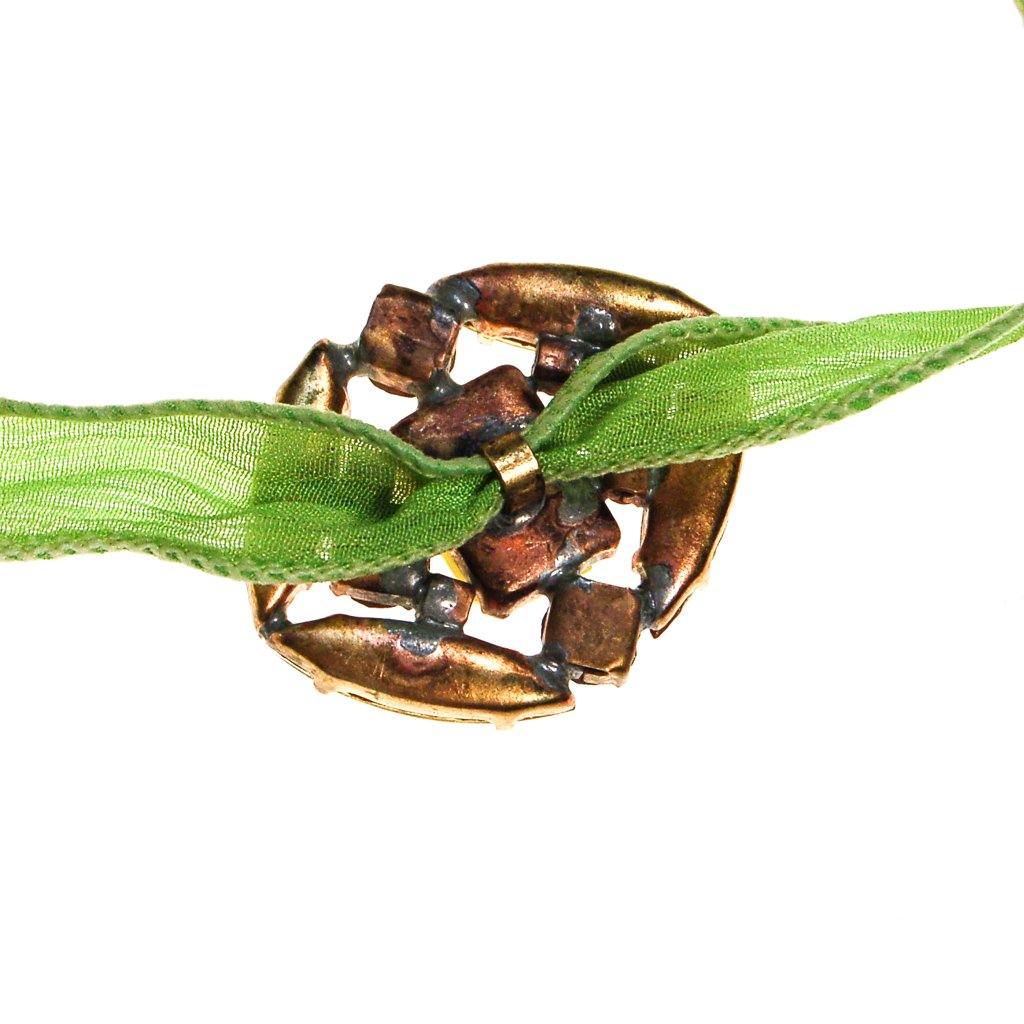 Lime Green Ribbon Wrap Bracelet with Blue, Yellow Diamante Rhinestone Button by Vintage Meet Modern - Vintage Meet Modern Vintage Jewelry - Chicago, Illinois - #oldhollywoodglamour #vintagemeetmodern #designervintage #jewelrybox #antiquejewelry #vintagejewelry