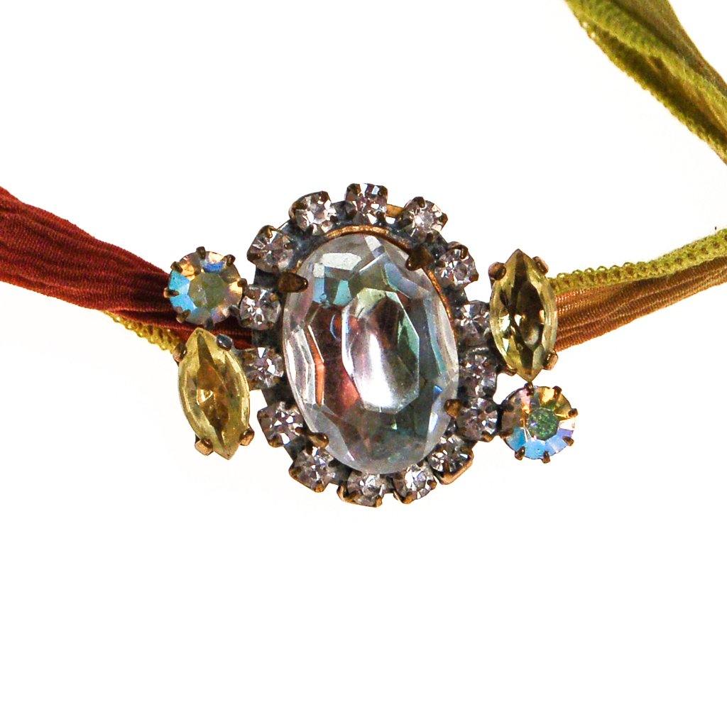 Green and Red Ribbon Wrap Bracelet with Aurora Borealis and Diamante Rhinestone Button by Vintage Meet Modern - Vintage Meet Modern Vintage Jewelry - Chicago, Illinois - #oldhollywoodglamour #vintagemeetmodern #designervintage #jewelrybox #antiquejewelry #vintagejewelry