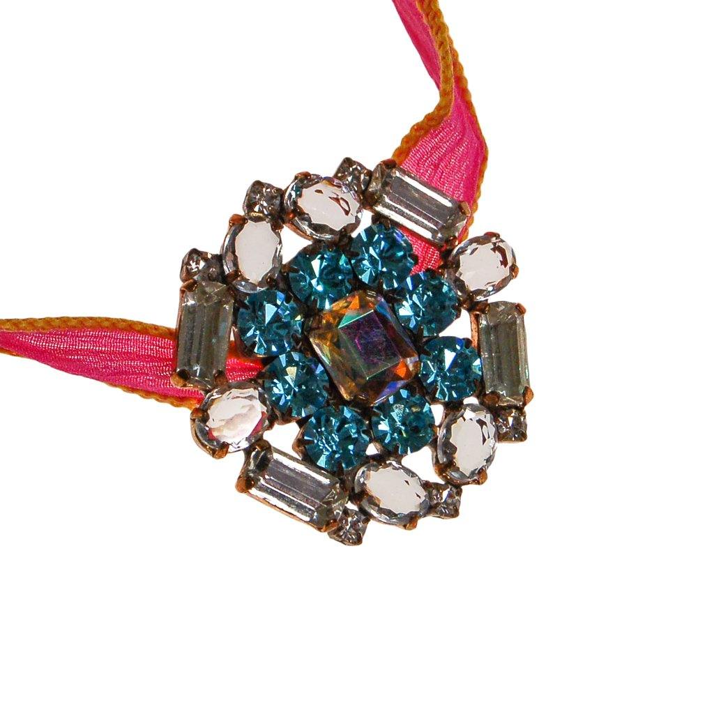 Pink Ribbon Wrap Bracelet with Blue and Diamante Rhinestone Button by Vintage Meet Modern - Vintage Meet Modern Vintage Jewelry - Chicago, Illinois - #oldhollywoodglamour #vintagemeetmodern #designervintage #jewelrybox #antiquejewelry #vintagejewelry