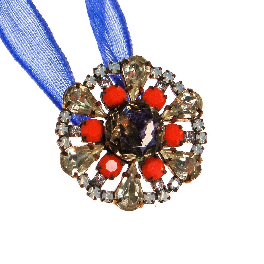 Blue Ribbon Wrap Bracelet with Diamante, Coral, and Smokey Topaz Czech Rhinestone Button by Vintage Meet Modern - Vintage Meet Modern Vintage Jewelry - Chicago, Illinois - #oldhollywoodglamour #vintagemeetmodern #designervintage #jewelrybox #antiquejewelry #vintagejewelry