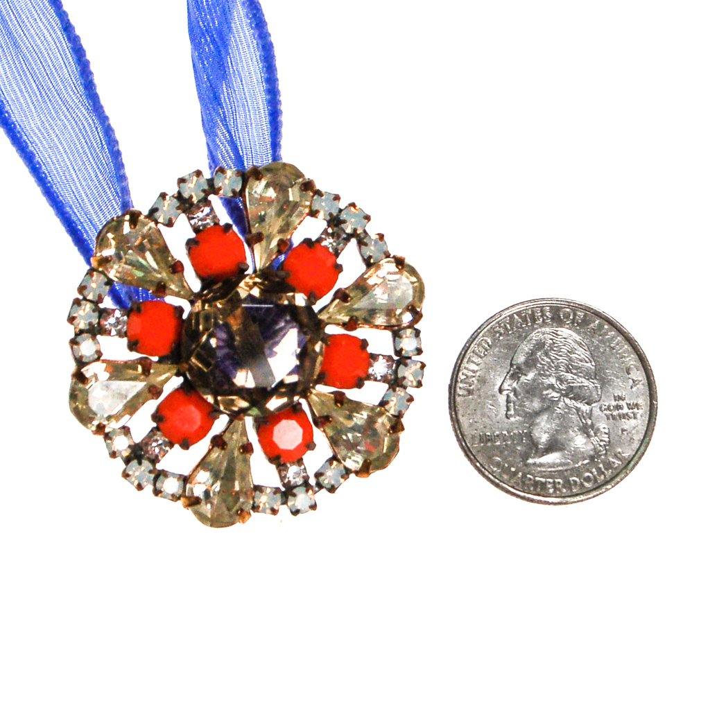 Blue Ribbon Wrap Bracelet with Diamante, Coral, and Smokey Topaz Czech Rhinestone Button by Vintage Meet Modern - Vintage Meet Modern Vintage Jewelry - Chicago, Illinois - #oldhollywoodglamour #vintagemeetmodern #designervintage #jewelrybox #antiquejewelry #vintagejewelry