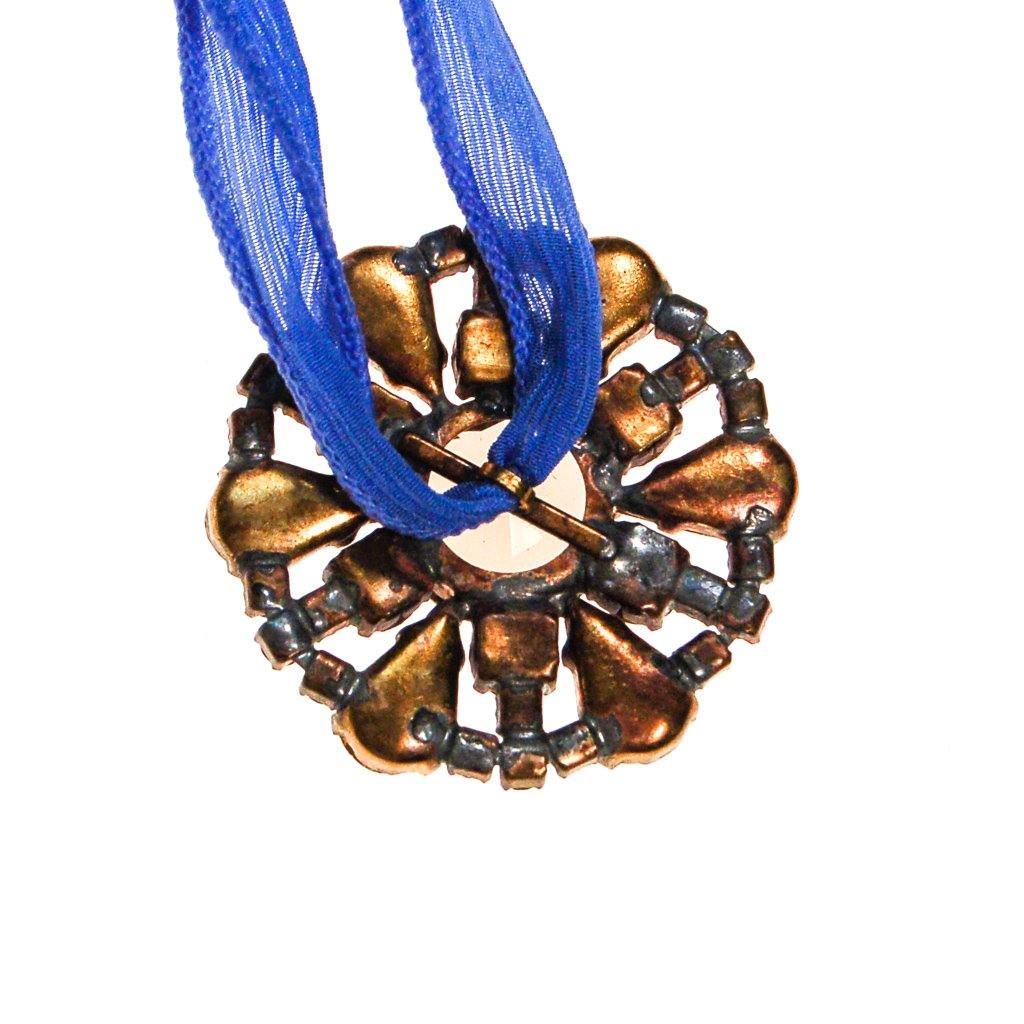 Blue Ribbon Wrap Bracelet with Diamante, Coral, and Smokey Topaz Czech Rhinestone Button by Vintage Meet Modern - Vintage Meet Modern Vintage Jewelry - Chicago, Illinois - #oldhollywoodglamour #vintagemeetmodern #designervintage #jewelrybox #antiquejewelry #vintagejewelry