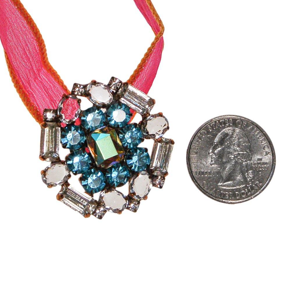 Pink Ribbon Wrap Bracelet with Blue and Diamante Rhinestone Button by Vintage Meet Modern - Vintage Meet Modern Vintage Jewelry - Chicago, Illinois - #oldhollywoodglamour #vintagemeetmodern #designervintage #jewelrybox #antiquejewelry #vintagejewelry