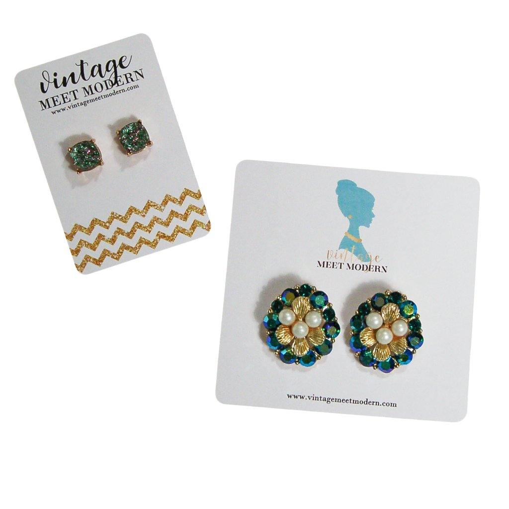 Always Sparkle Glitter Stud Earring Iridescent Green by Vintage Meet Modern - Vintage Meet Modern Vintage Jewelry - Chicago, Illinois - #oldhollywoodglamour #vintagemeetmodern #designervintage #jewelrybox #antiquejewelry #vintagejewelry