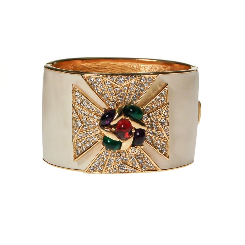 Ciner Maltese Cross Cuff Bracelet in Ivory Enamel With Emerald, Ruby, and Sapphire Crystal Cabochons