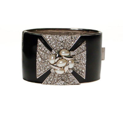 Ciner Maltese Cross Cuff Bracelet in Black Enamel With Crystals and Pearls by Ciner - Vintage Meet Modern Vintage Jewelry - Chicago, Illinois - #oldhollywoodglamour #vintagemeetmodern #designervintage #jewelrybox #antiquejewelry #vintagejewelry