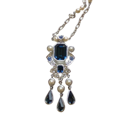 Art Deco Style Pearl, Sapphire and Diamante Crystal Pendant Necklace by Vintage Meet Modern  - Vintage Meet Modern Vintage Jewelry - Chicago, Illinois - #oldhollywoodglamour #vintagemeetmodern #designervintage #jewelrybox #antiquejewelry #vintagejewelry