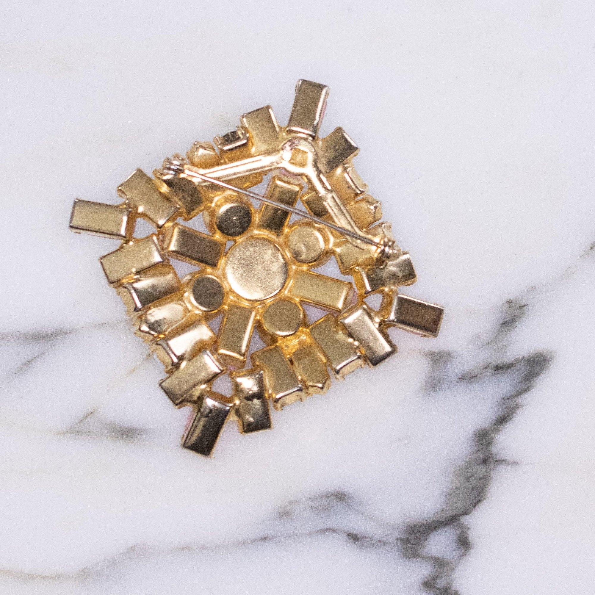 Vintage Pink, Milk Glass, and Aurora Borealis Rhinestone Brooch by Unsigned - Vintage Meet Modern Vintage Jewelry - Chicago, Illinois - #oldhollywoodglamour #vintagemeetmodern #designervintage #jewelrybox #antiquejewelry #vintagejewelry