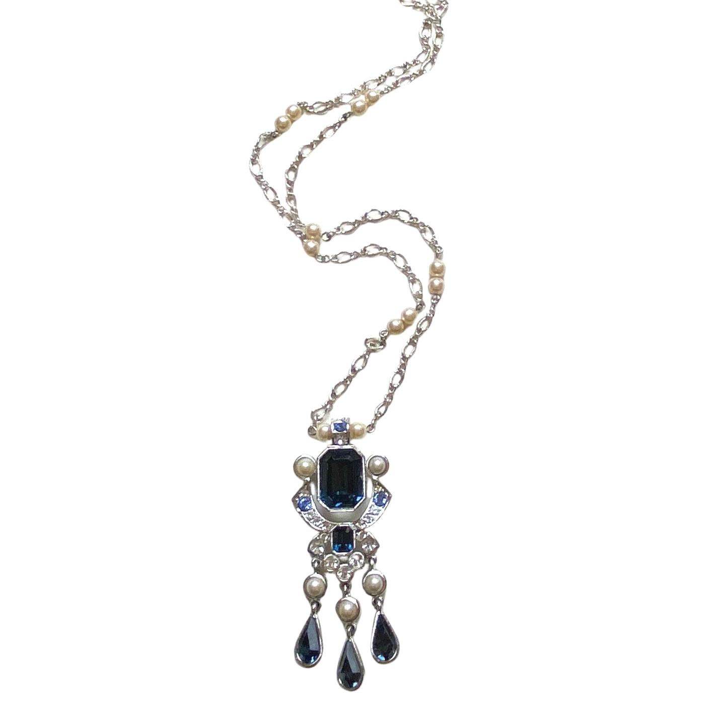 Art Deco Style Pearl, Sapphire and Diamante Crystal Pendant Necklace by Vintage Meet Modern - Vintage Meet Modern Vintage Jewelry - Chicago, Illinois - #oldhollywoodglamour #vintagemeetmodern #designervintage #jewelrybox #antiquejewelry #vintagejewelry