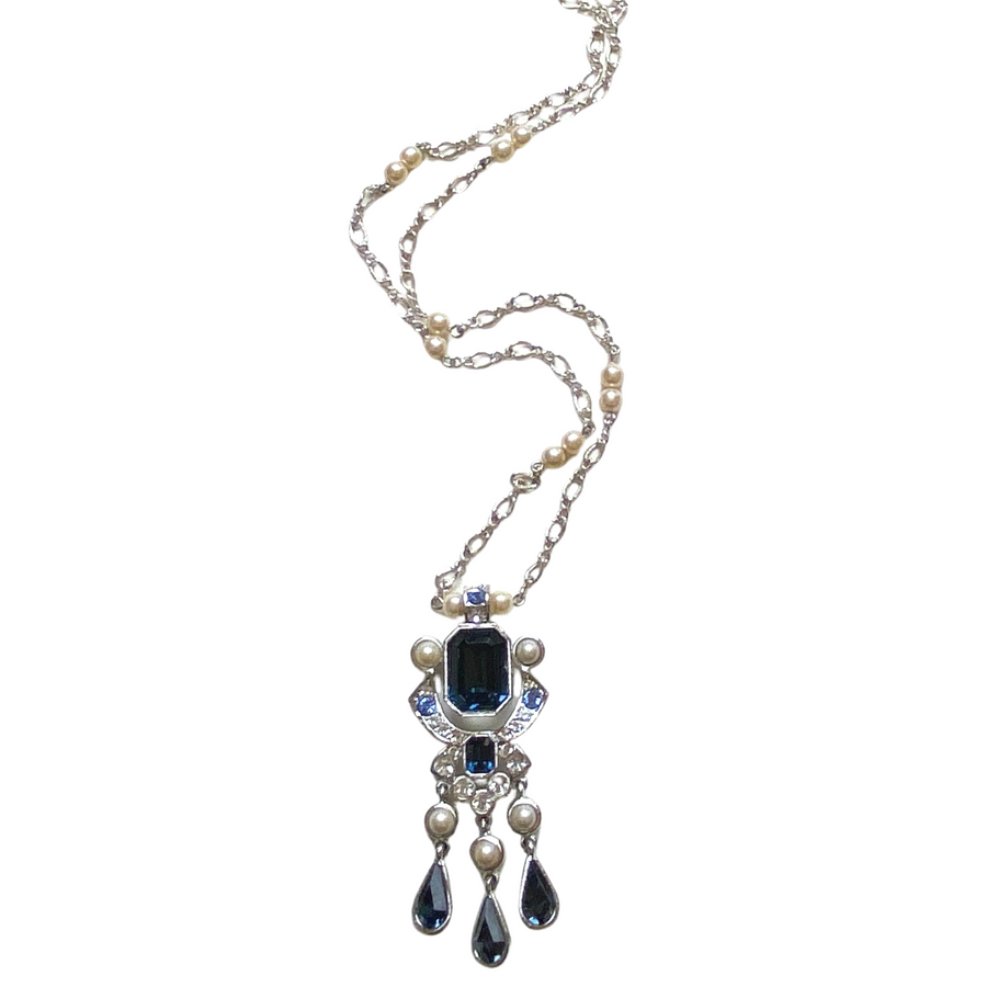 Art Deco Style Pearl, Sapphire and Diamante Crystal Pendant Necklace by Vintage Meet Modern - Vintage Meet Modern Vintage Jewelry - Chicago, Illinois - #oldhollywoodglamour #vintagemeetmodern #designervintage #jewelrybox #antiquejewelry #vintagejewelry