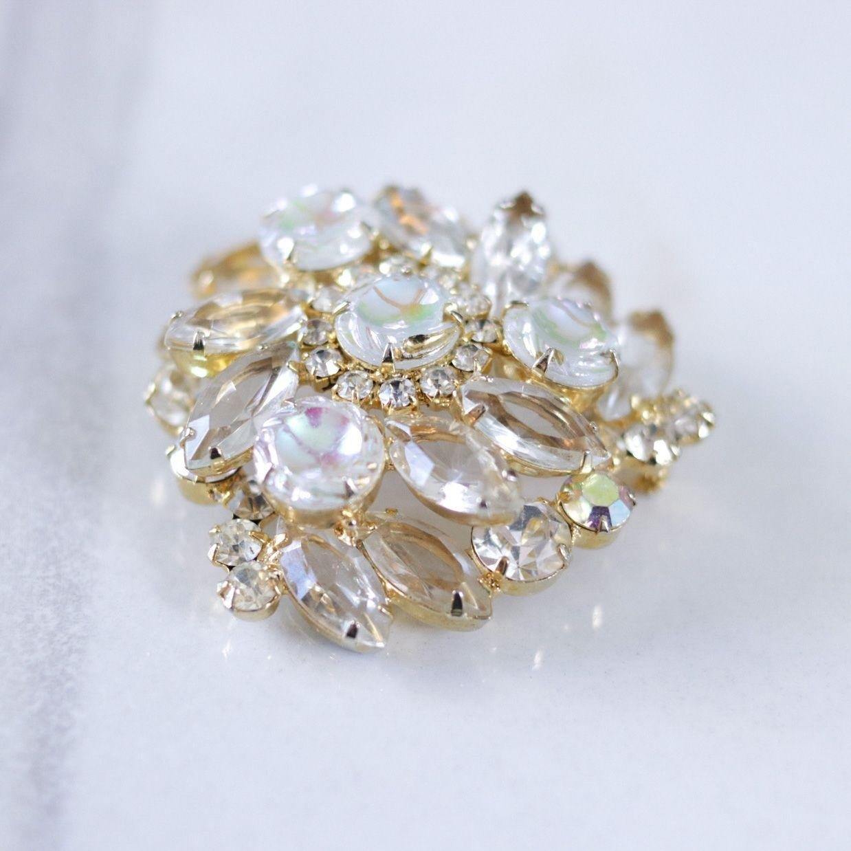 Vintage Iridescent Pressed Glass, Champagne, and Aurora Borealis Rhinestones by Unsigned Beauty - Vintage Meet Modern Vintage Jewelry - Chicago, Illinois - #oldhollywoodglamour #vintagemeetmodern #designervintage #jewelrybox #antiquejewelry #vintagejewelry