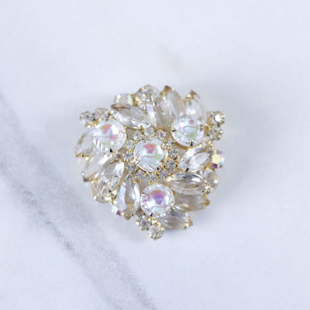 Vintage Iridescent Pressed Glass, Champagne, and Aurora Borealis Rhinestones by Unsigned Beauty - Vintage Meet Modern Vintage Jewelry - Chicago, Illinois - #oldhollywoodglamour #vintagemeetmodern #designervintage #jewelrybox #antiquejewelry #vintagejewelry