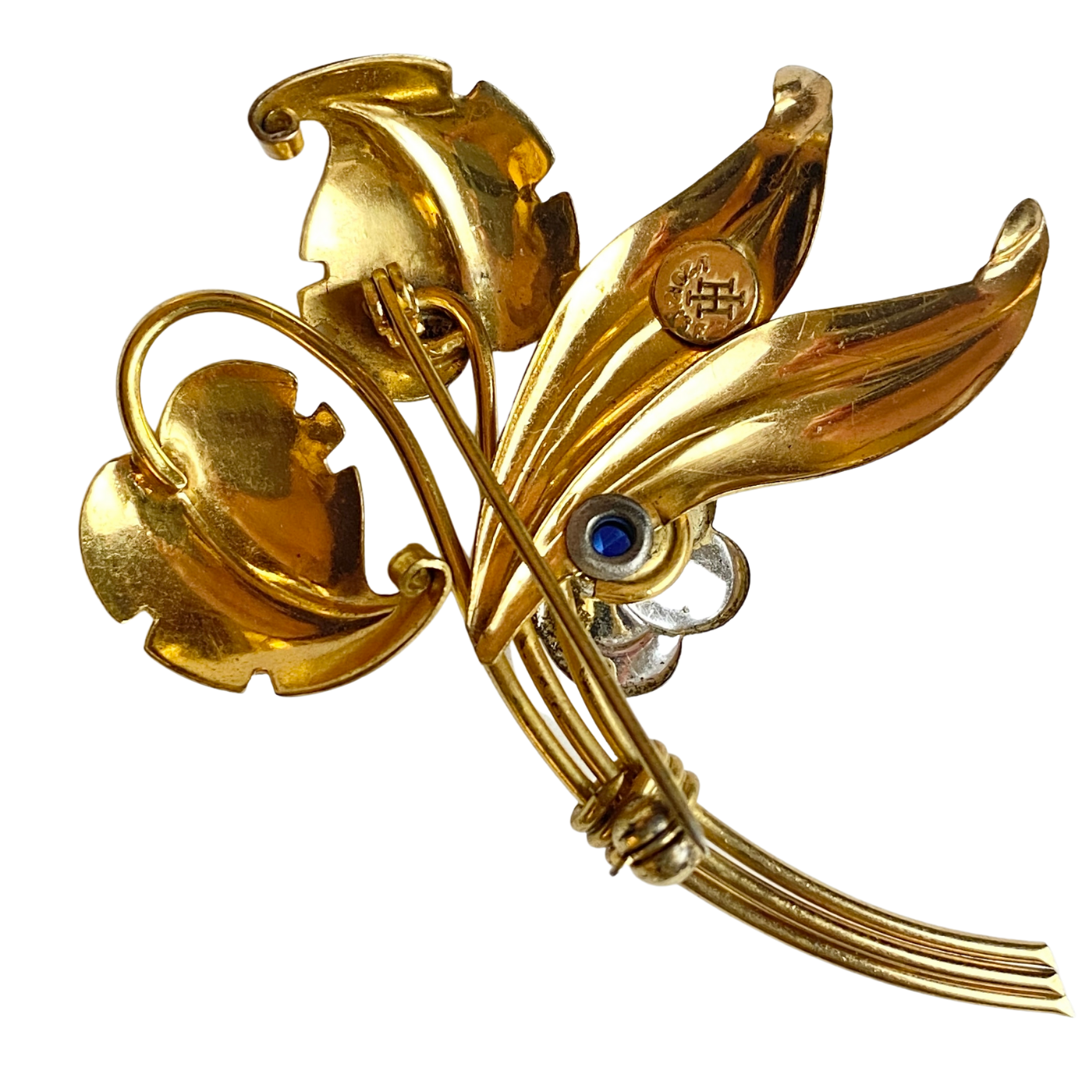 H Iskin 1/20 12Kt Gold Blue Crystal Flower Brooch by Vintage Meet Modern - Vintage Meet Modern Vintage Jewelry - Chicago, Illinois - #oldhollywoodglamour #vintagemeetmodern #designervintage #jewelrybox #antiquejewelry #vintagejewelry