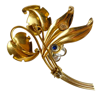 H Iskin 1/20 12Kt Gold Blue Crystal Flower Brooch by Vintage Meet Modern  - Vintage Meet Modern Vintage Jewelry - Chicago, Illinois - #oldhollywoodglamour #vintagemeetmodern #designervintage #jewelrybox #antiquejewelry #vintagejewelry