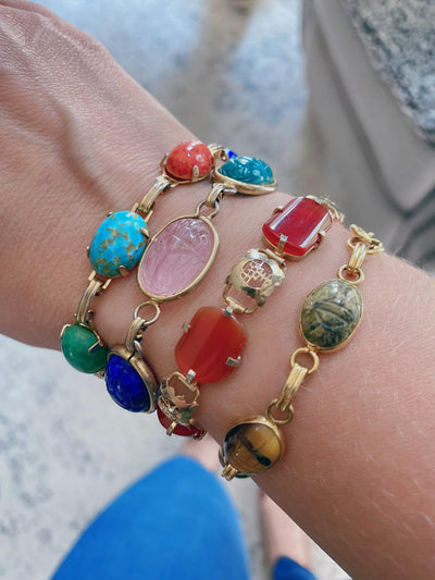 Vintage Gemstone Scarab Bracelet with Agate, Rose Quartz, Carnelian, Jade, Tigers Eye by Unsigned Beauty - Vintage Meet Modern Vintage Jewelry - Chicago, Illinois - #oldhollywoodglamour #vintagemeetmodern #designervintage #jewelrybox #antiquejewelry #vintagejewelry