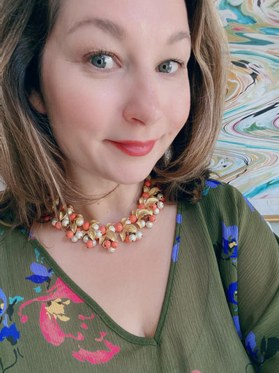Vintage Pearl, Coral, Gold Leaf Beaded Statement Necklace by Unsigned Beauty - Vintage Meet Modern Vintage Jewelry - Chicago, Illinois - #oldhollywoodglamour #vintagemeetmodern #designervintage #jewelrybox #antiquejewelry #vintagejewelry