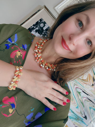 Vintage Gold, Pearl, and Orange Bead Leaf Bracelet by Unsigned Beauty - Vintage Meet Modern Vintage Jewelry - Chicago, Illinois - #oldhollywoodglamour #vintagemeetmodern #designervintage #jewelrybox #antiquejewelry #vintagejewelry