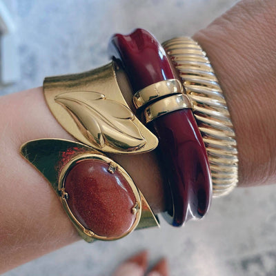 Mid Century Modern Gold Leaf Clamper Bracelet with Goldstone by Unsigned Beauty - Vintage Meet Modern Vintage Jewelry - Chicago, Illinois - #oldhollywoodglamour #vintagemeetmodern #designervintage #jewelrybox #antiquejewelry #vintagejewelry