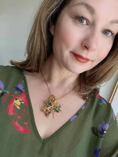 Vintage Gold Green, Yellow, Orange, Crystal Maple Leaf Brooch by Ross Simons - Vintage Meet Modern Vintage Jewelry - Chicago, Illinois - #oldhollywoodglamour #vintagemeetmodern #designervintage #jewelrybox #antiquejewelry #vintagejewelry