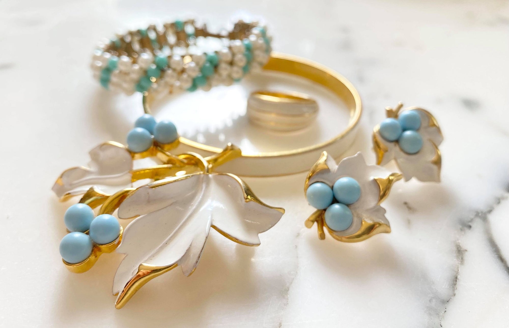 Vintage Sarah Coventry White Leaf and Turquoise  Bead Earrings by Sarah Coventry - Vintage Meet Modern Vintage Jewelry - Chicago, Illinois - #oldhollywoodglamour #vintagemeetmodern #designervintage #jewelrybox #antiquejewelry #vintagejewelry