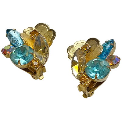 Vintage Aqua and Aurora Borealis Gold Leaf Earrings by Unsigned Beauty - Vintage Meet Modern Vintage Jewelry - Chicago, Illinois - #oldhollywoodglamour #vintagemeetmodern #designervintage #jewelrybox #antiquejewelry #vintagejewelry