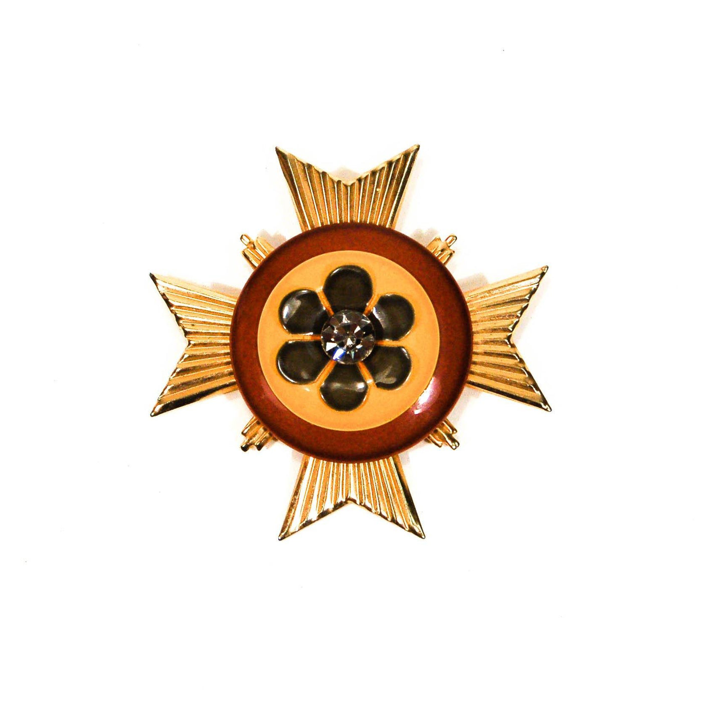 1960s Maltese Cross Pendant, Gold, Yellow, Brown, with Flowers and Rhinestone Center