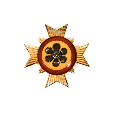 1960s Maltese Cross Pendant, Gold, Yellow, Brown, with Flowers and Rhinestone Center by Florenza - Vintage Meet Modern Vintage Jewelry - Chicago, Illinois - #oldhollywoodglamour #vintagemeetmodern #designervintage #jewelrybox #antiquejewelry #vintagejewelry