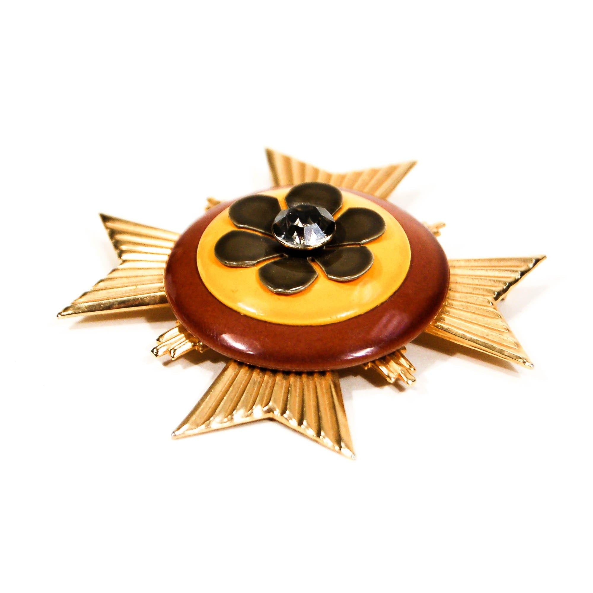 1960s Maltese Cross Pendant, Gold, Yellow, Brown, with Flowers and Rhinestone Center by Florenza - Vintage Meet Modern Vintage Jewelry - Chicago, Illinois - #oldhollywoodglamour #vintagemeetmodern #designervintage #jewelrybox #antiquejewelry #vintagejewelry