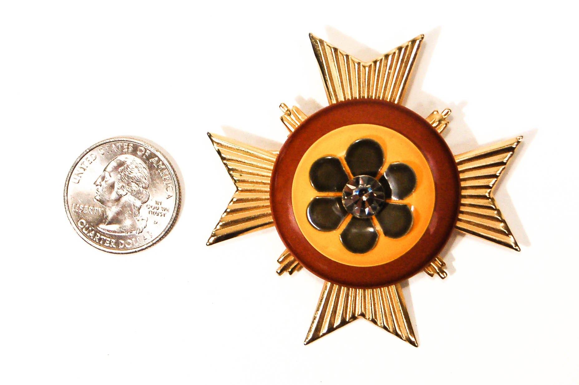 1960s Maltese Cross Pendant, Gold, Yellow, Brown, with Flowers and Rhinestone Center by Florenza - Vintage Meet Modern Vintage Jewelry - Chicago, Illinois - #oldhollywoodglamour #vintagemeetmodern #designervintage #jewelrybox #antiquejewelry #vintagejewelry