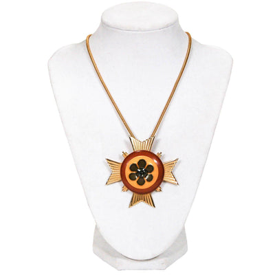 1960s Maltese Cross Pendant, Gold, Yellow, Brown, with Flowers and Rhinestone Center by Florenza - Vintage Meet Modern Vintage Jewelry - Chicago, Illinois - #oldhollywoodglamour #vintagemeetmodern #designervintage #jewelrybox #antiquejewelry #vintagejewelry