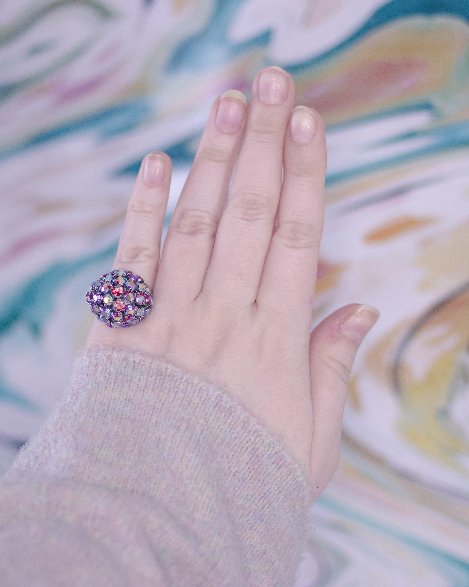 Vintage Red Aurora Borealis Rhinestone Cluster Cocktail Ring by Unsigned Beauty - Vintage Meet Modern Vintage Jewelry - Chicago, Illinois - #oldhollywoodglamour #vintagemeetmodern #designervintage #jewelrybox #antiquejewelry #vintagejewelry