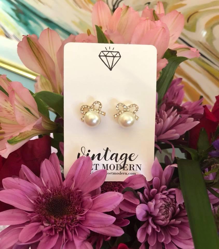 Audrey Pearl and Crystal Rhinestone Bow Earrings by Vintage Meet Modern - Vintage Meet Modern Vintage Jewelry - Chicago, Illinois - #oldhollywoodglamour #vintagemeetmodern #designervintage #jewelrybox #antiquejewelry #vintagejewelry
