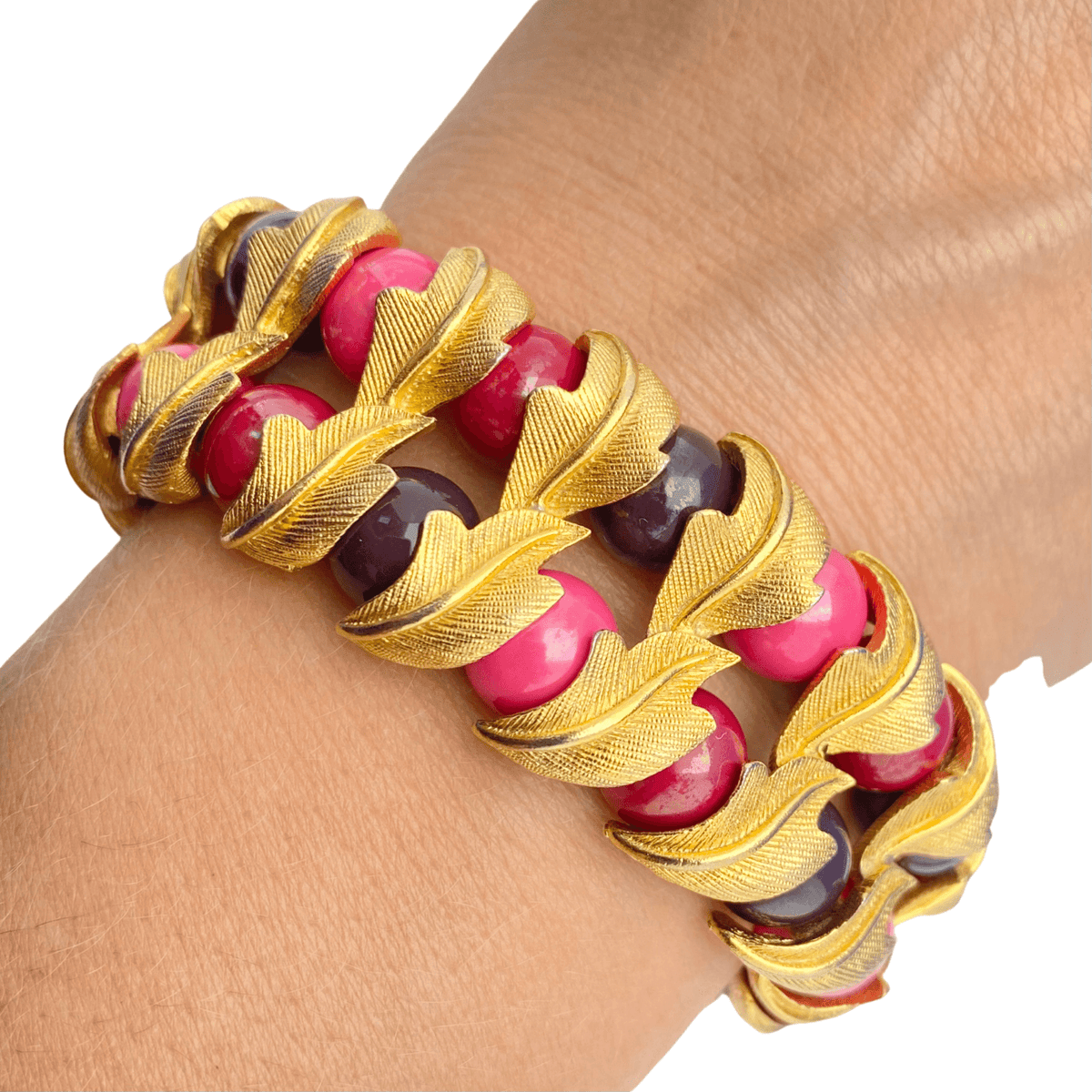 Vintage Gold Leaf Bracelet with Pink, Red, Purple Beads