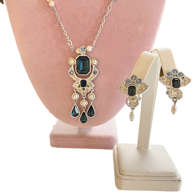 Art Deco Pearl, Sapphire and Diamante Crystal Earrings by Vintage Meet Modern  - Vintage Meet Modern Vintage Jewelry - Chicago, Illinois - #oldhollywoodglamour #vintagemeetmodern #designervintage #jewelrybox #antiquejewelry #vintagejewelry