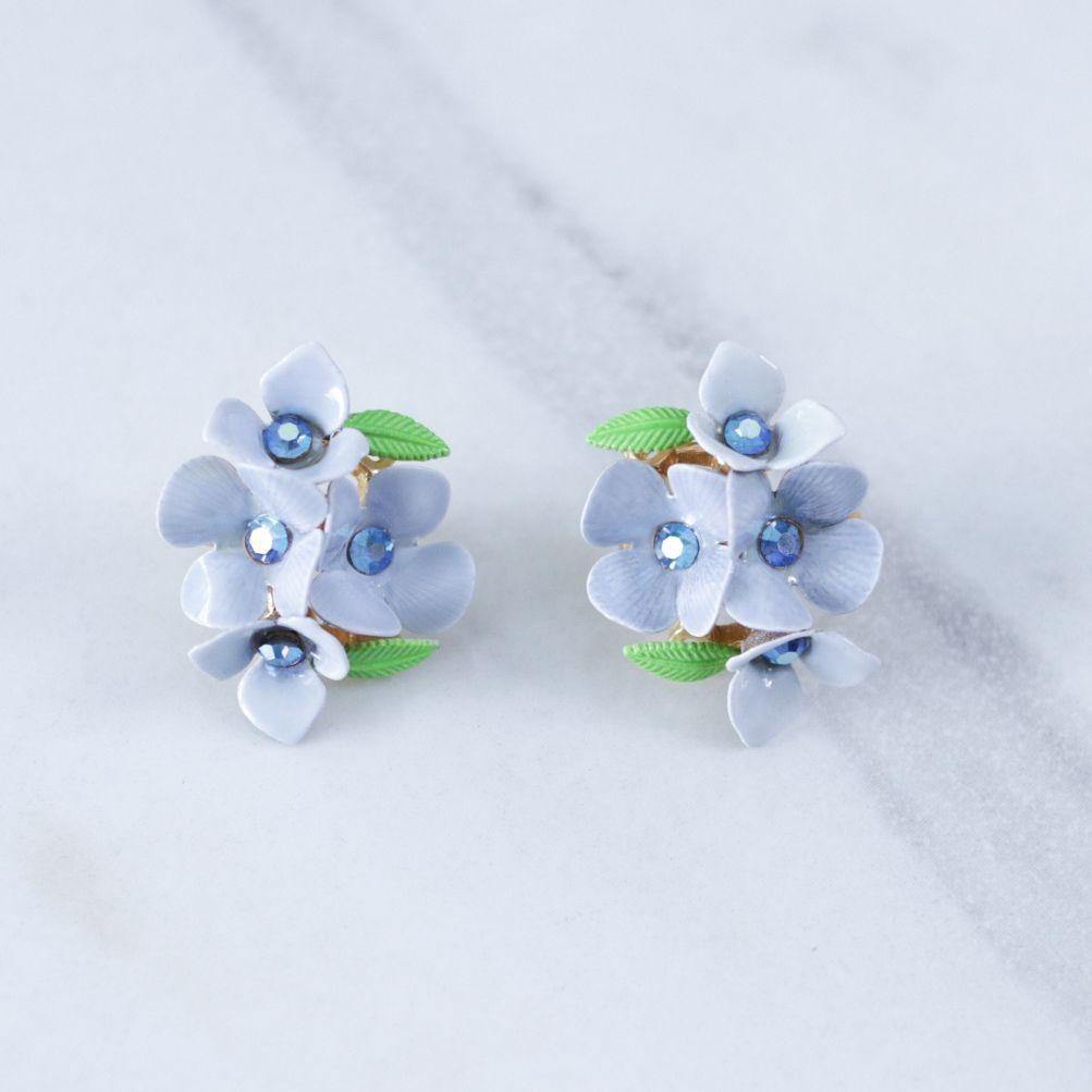 Vintage Blue Forget-Me-Knot Flower Earrings with Blue Rhinestones by Unsigned Beauty - Vintage Meet Modern Vintage Jewelry - Chicago, Illinois - #oldhollywoodglamour #vintagemeetmodern #designervintage #jewelrybox #antiquejewelry #vintagejewelry
