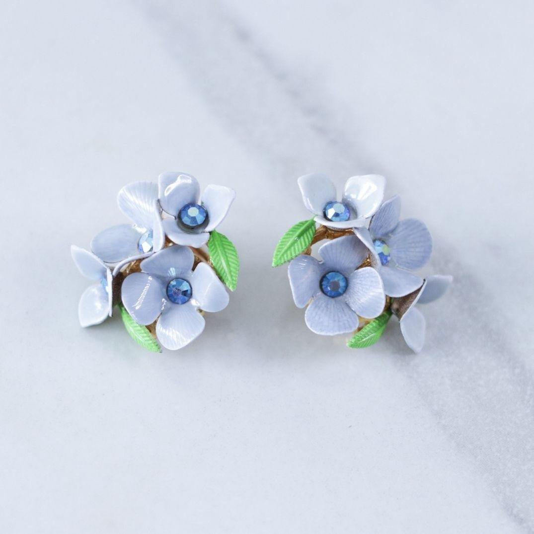 Vintage Blue Forget-Me-Knot Flower Earrings with Blue Rhinestones by Unsigned Beauty - Vintage Meet Modern Vintage Jewelry - Chicago, Illinois - #oldhollywoodglamour #vintagemeetmodern #designervintage #jewelrybox #antiquejewelry #vintagejewelry