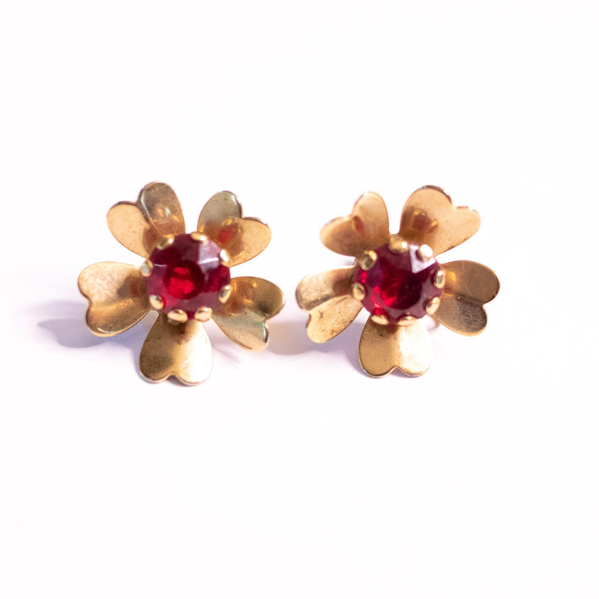 Vintage 1940s Gold Flower Earrings with Red Rhinestones by Unsigned Beauty - Vintage Meet Modern Vintage Jewelry - Chicago, Illinois - #oldhollywoodglamour #vintagemeetmodern #designervintage #jewelrybox #antiquejewelry #vintagejewelry