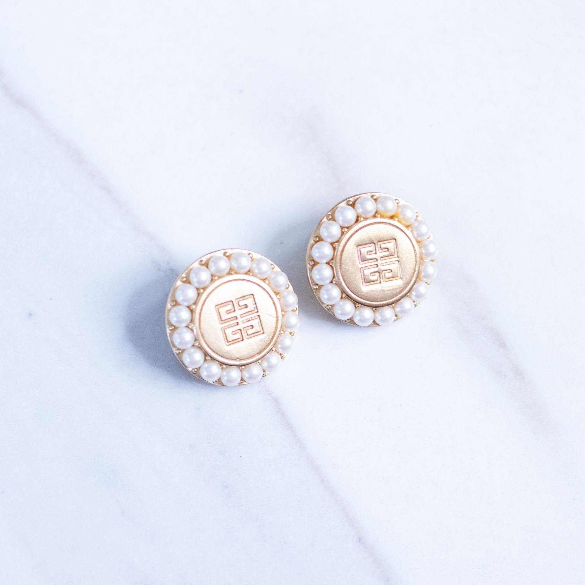 Vintage Givenchy Couture Logo and Pearl Statement Earrings by Givenchy Couture - Vintage Meet Modern Vintage Jewelry - Chicago, Illinois - #oldhollywoodglamour #vintagemeetmodern #designervintage #jewelrybox #antiquejewelry #vintagejewelry